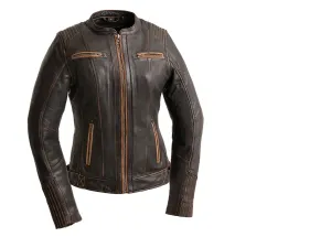 Brown FIL198CHLZ Distressed Women's Leather Motorcycle Jacket