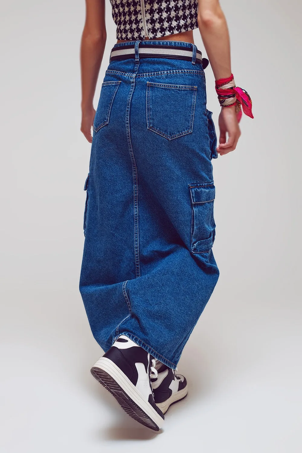 Button Down Cargo Denim Maxi Skirt in Mid Wash