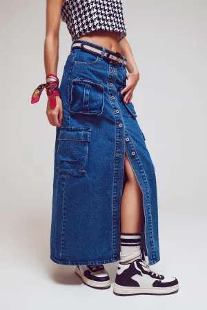 Button Down Cargo Denim Maxi Skirt in Mid Wash