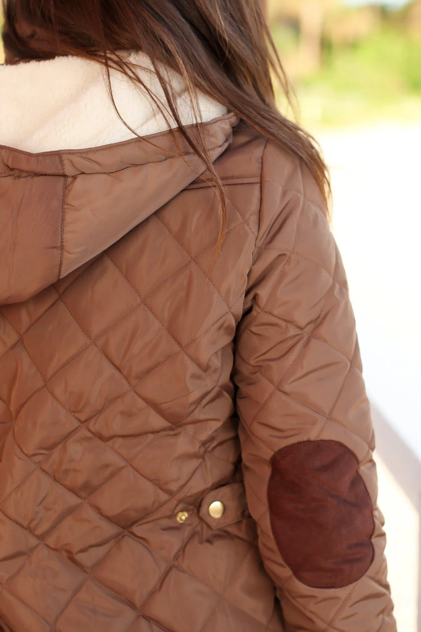 Camel Quilted Jacket with Fur Lined Hood