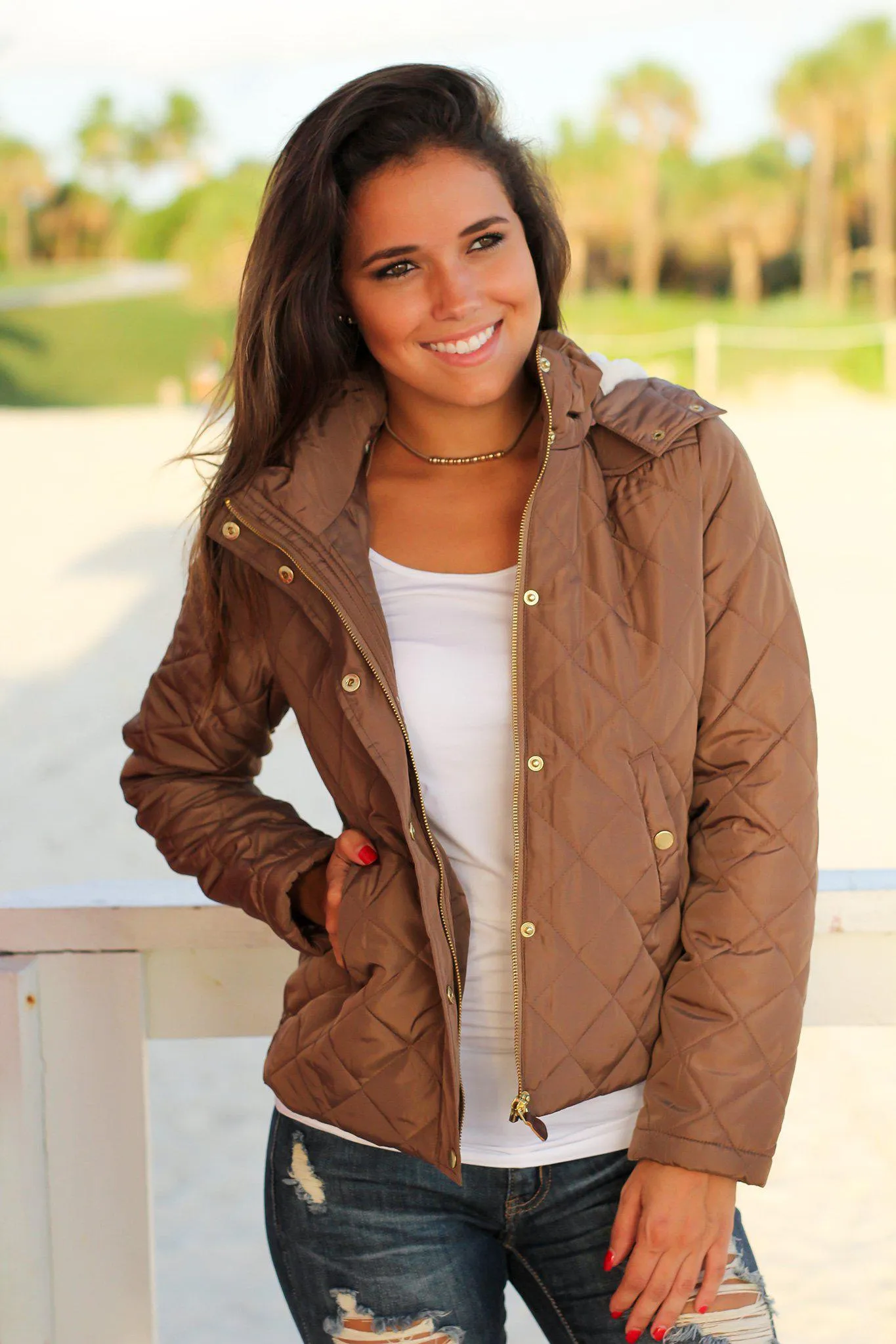 Camel Quilted Jacket with Fur Lined Hood