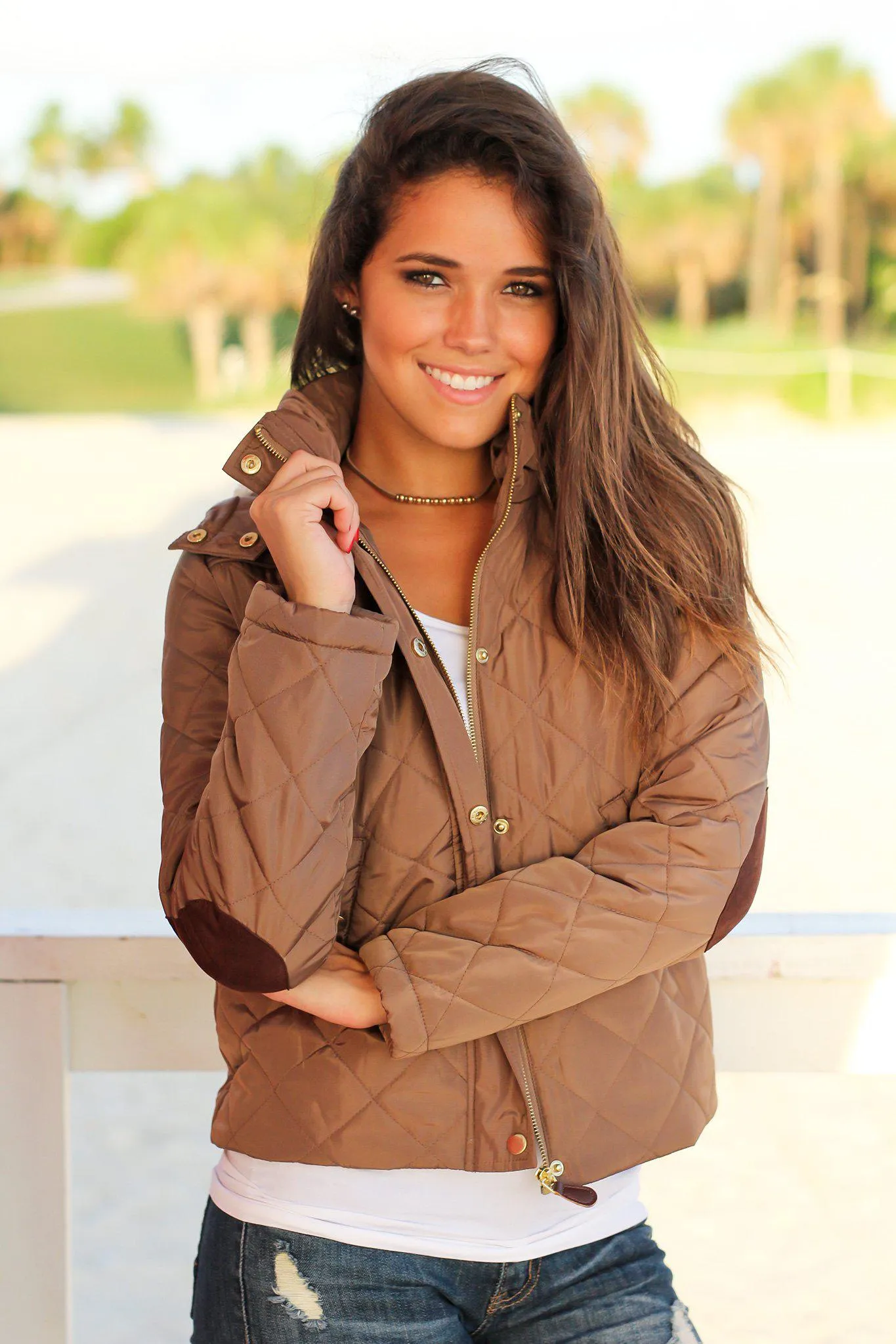 Camel Quilted Jacket with Fur Lined Hood