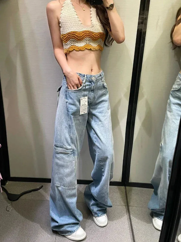 Cargo Jeans Women Fashion Blue Wide Leg High Waist Denim Pants