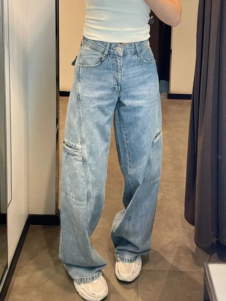 Cargo Jeans Women Fashion Blue Wide Leg High Waist Denim Pants