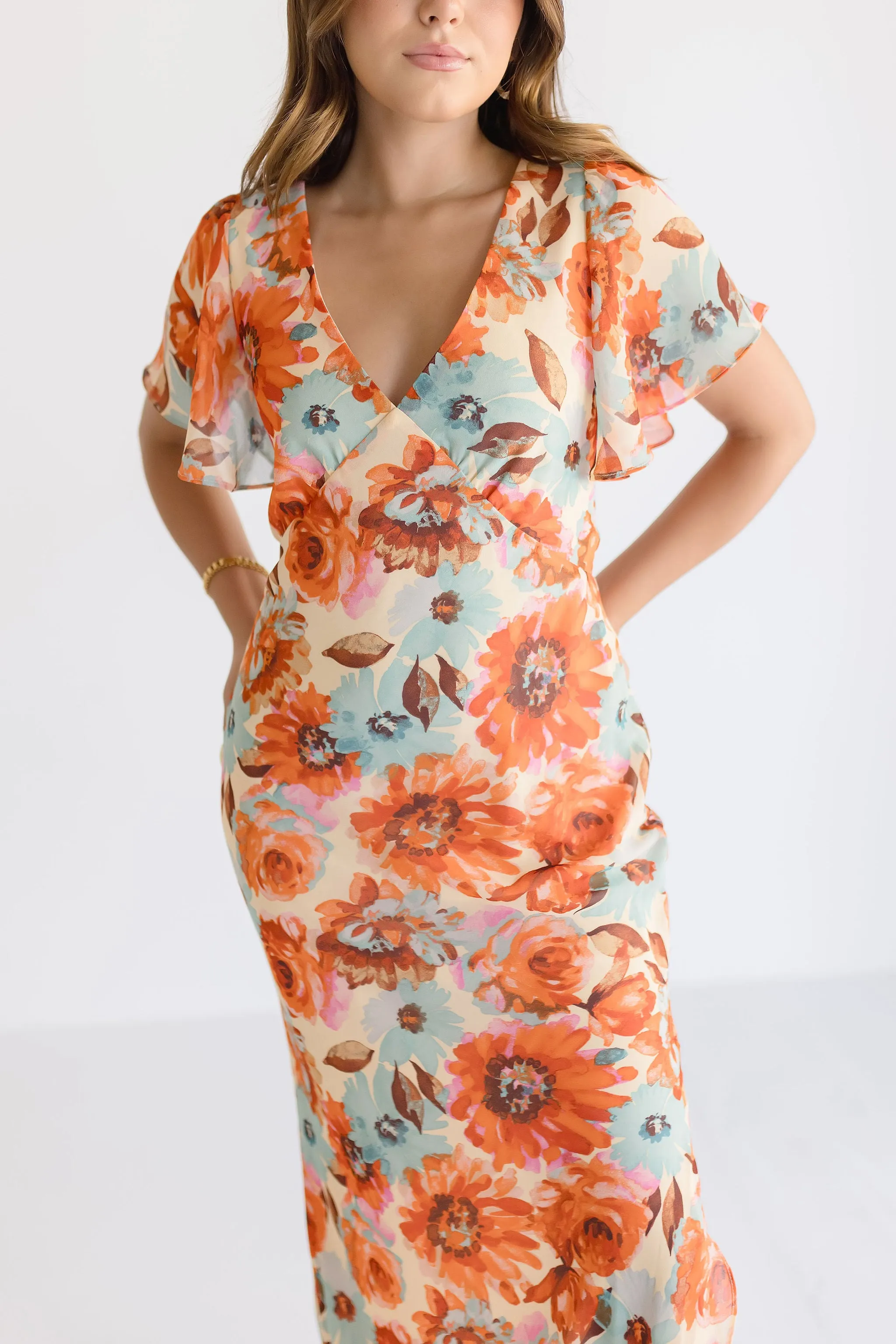 Carolina Short Flutter Sleeve Floral Print Maxi Dress Orange