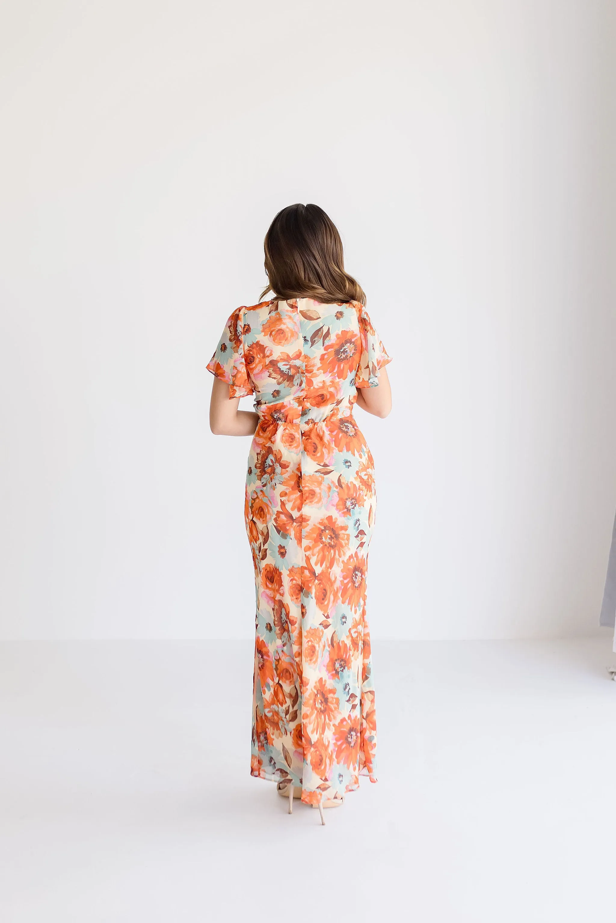 Carolina Short Flutter Sleeve Floral Print Maxi Dress Orange