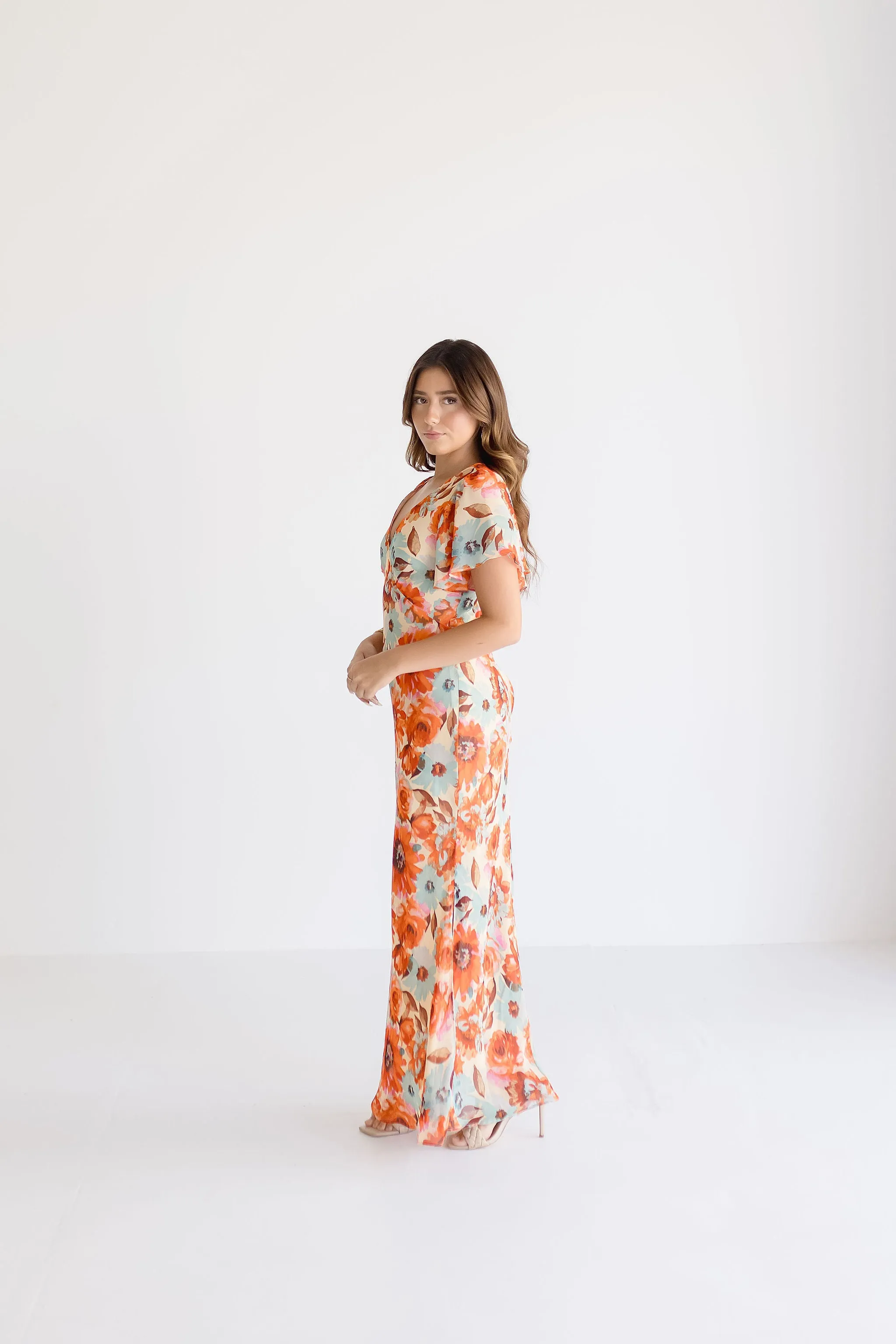 Carolina Short Flutter Sleeve Floral Print Maxi Dress Orange