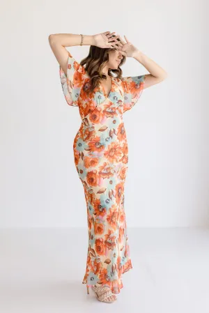 Carolina Short Flutter Sleeve Floral Print Maxi Dress Orange