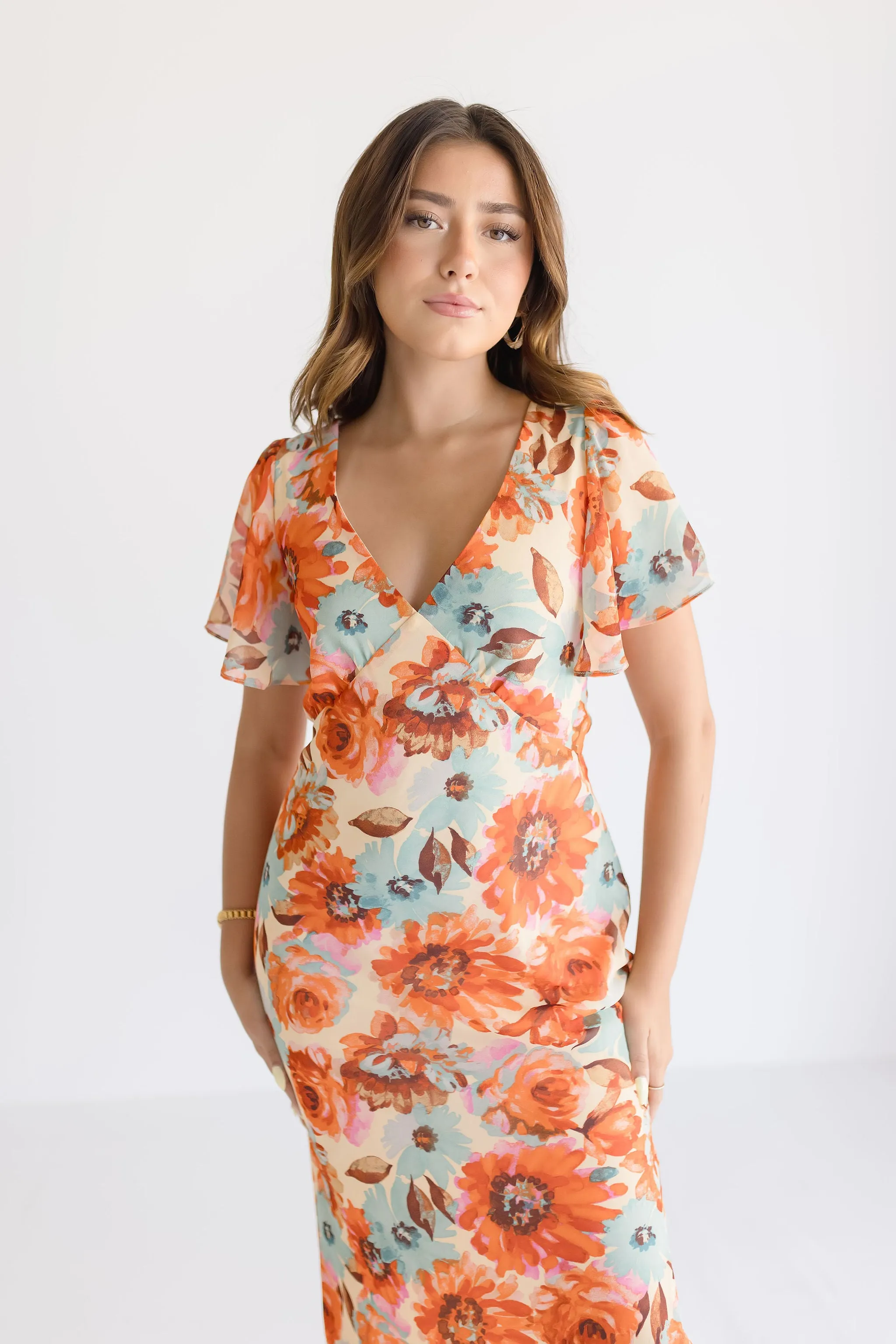 Carolina Short Flutter Sleeve Floral Print Maxi Dress Orange