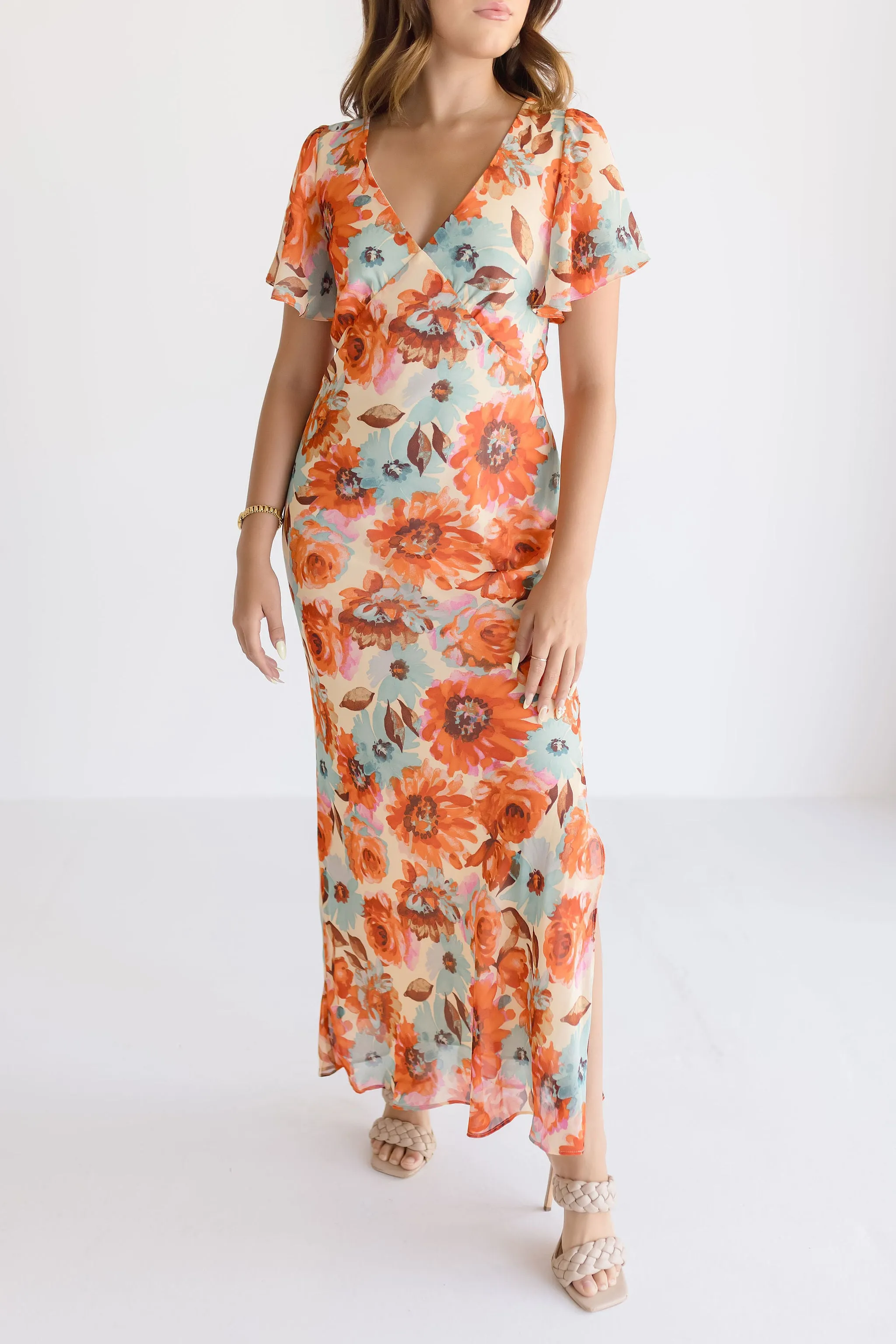 Carolina Short Flutter Sleeve Floral Print Maxi Dress Orange