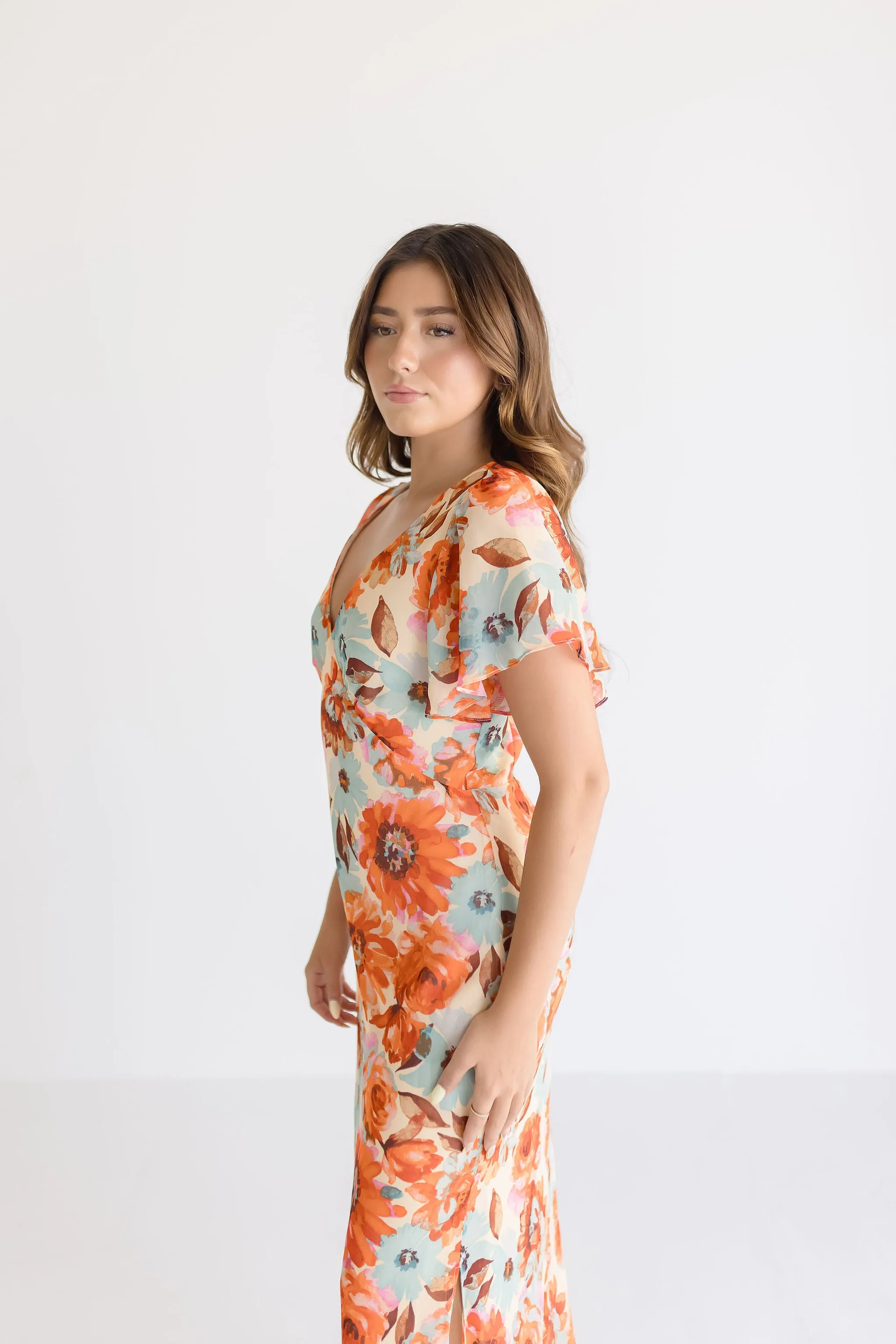 Carolina Short Flutter Sleeve Floral Print Maxi Dress Orange