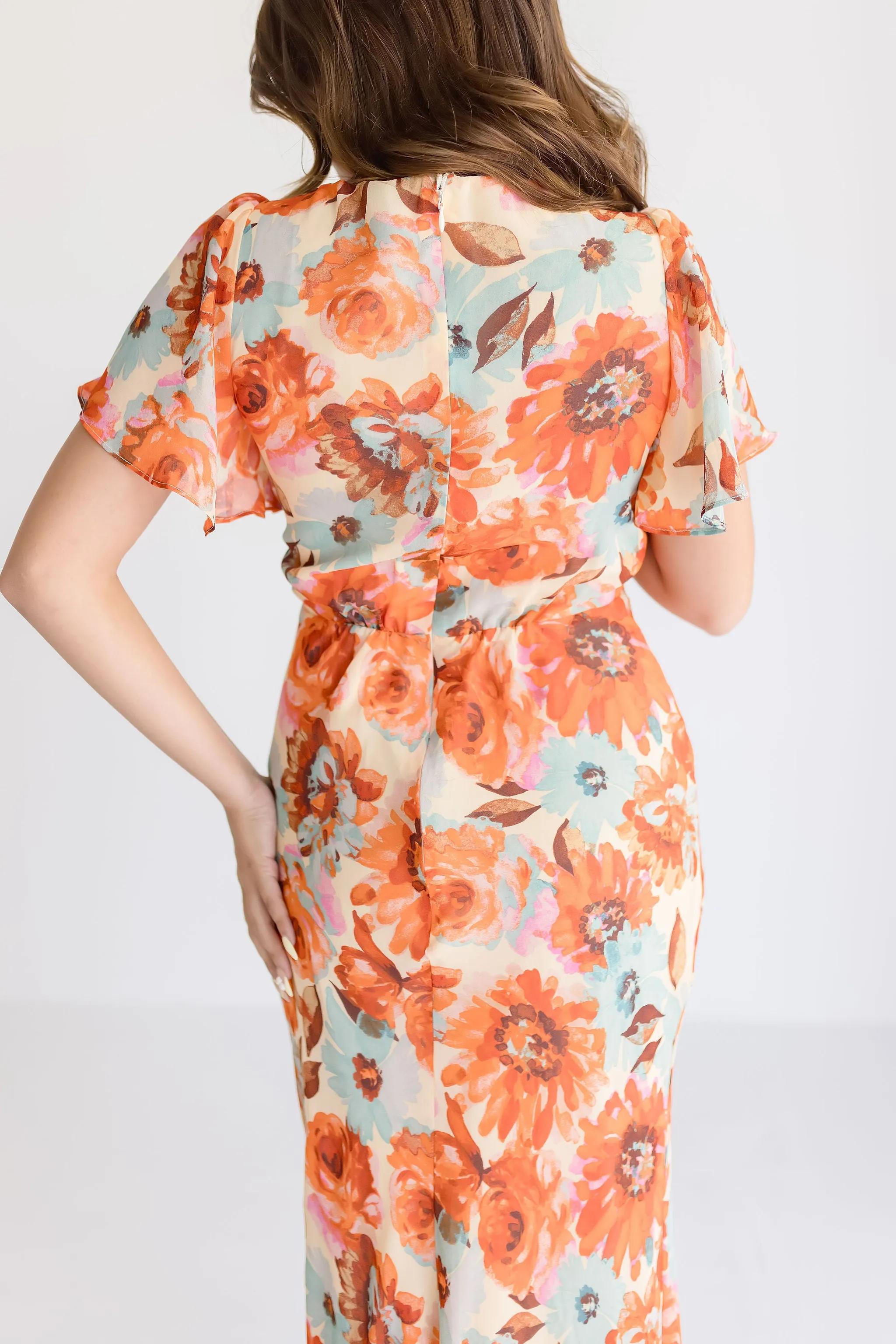 Carolina Short Flutter Sleeve Floral Print Maxi Dress Orange