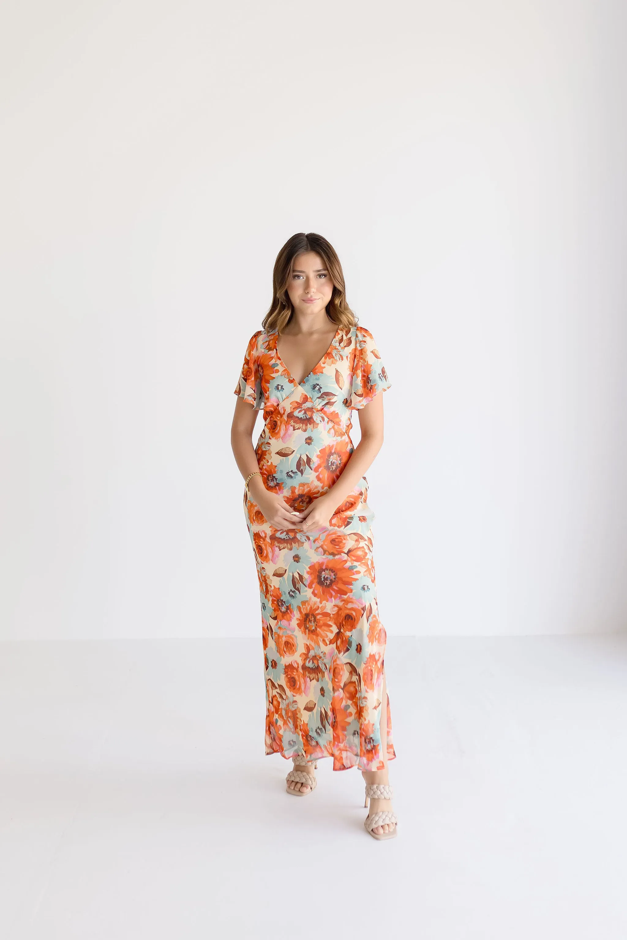 Carolina Short Flutter Sleeve Floral Print Maxi Dress Orange