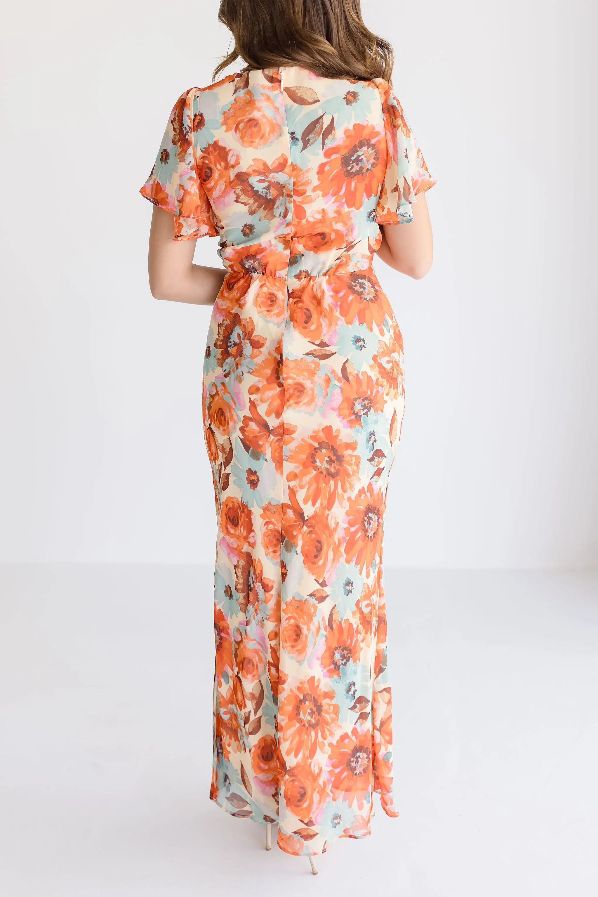 Carolina Short Flutter Sleeve Floral Print Maxi Dress Orange