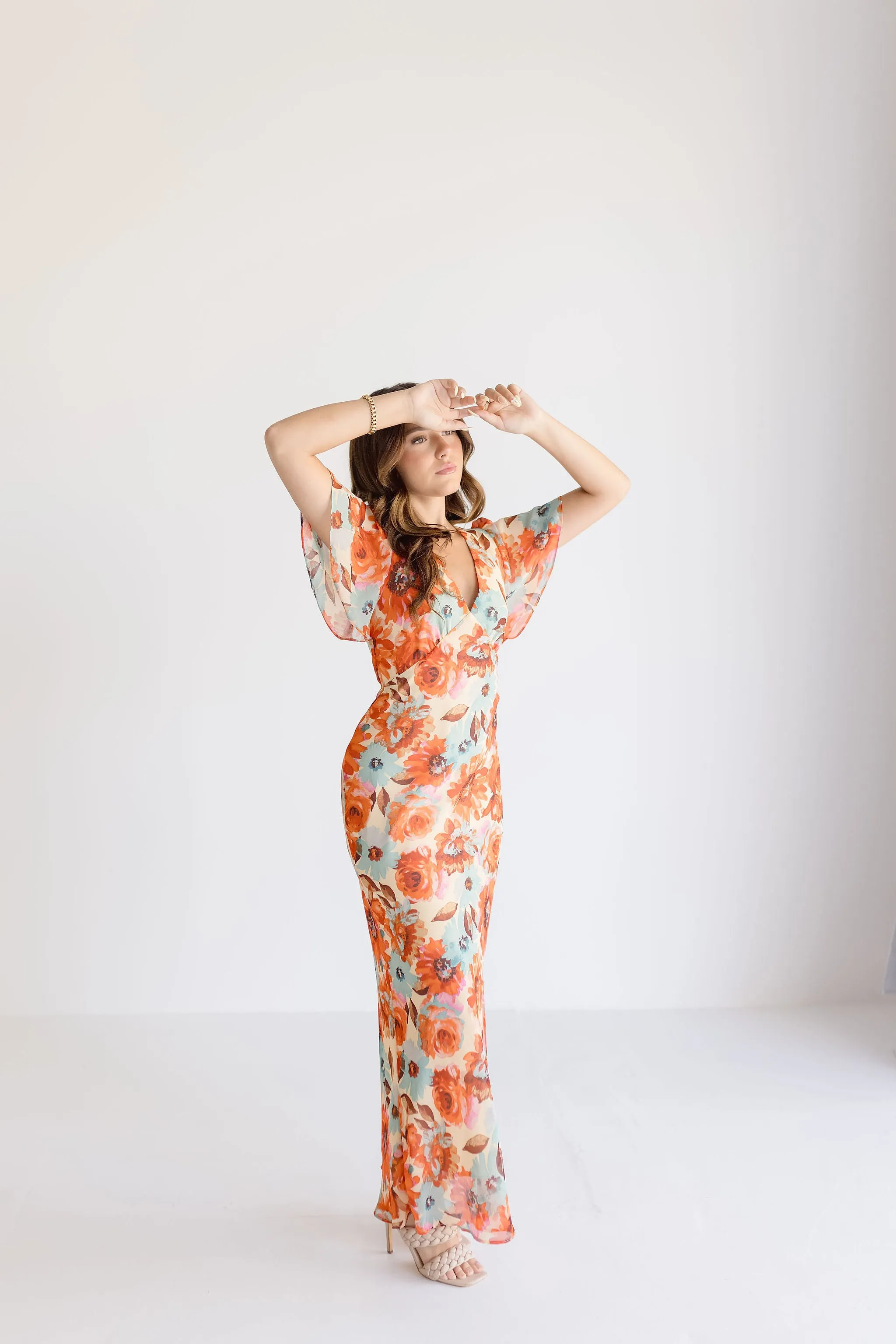 Carolina Short Flutter Sleeve Floral Print Maxi Dress Orange