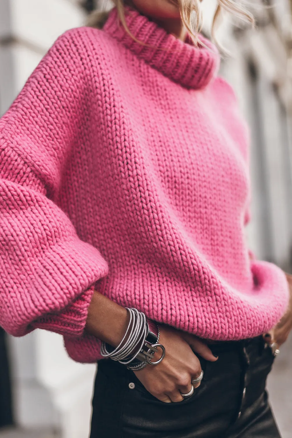 Chunky Knit Turtle Neck Drop Shoulder Sweater