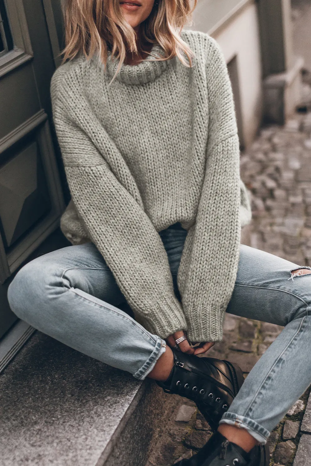 Chunky Knit Turtle Neck Drop Shoulder Sweater