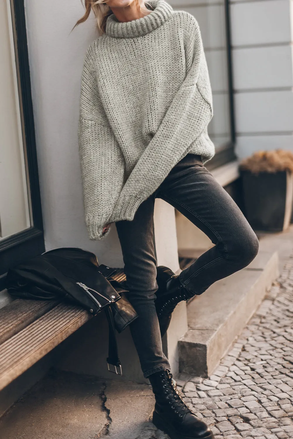 Chunky Knit Turtle Neck Drop Shoulder Sweater