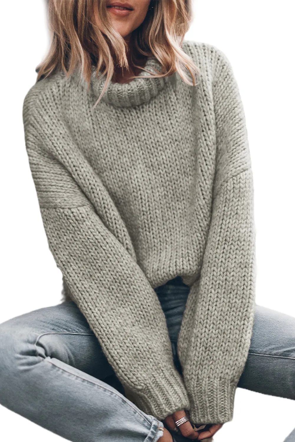 Chunky Knit Turtle Neck Drop Shoulder Sweater