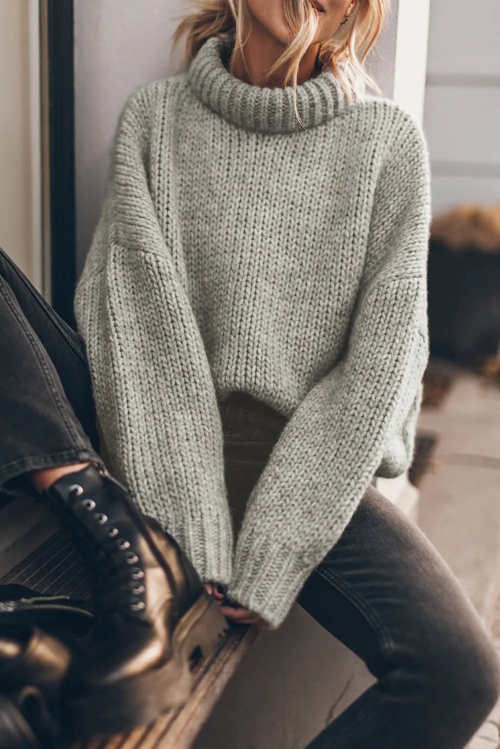 Chunky Knit Turtle Neck Drop Shoulder Sweater