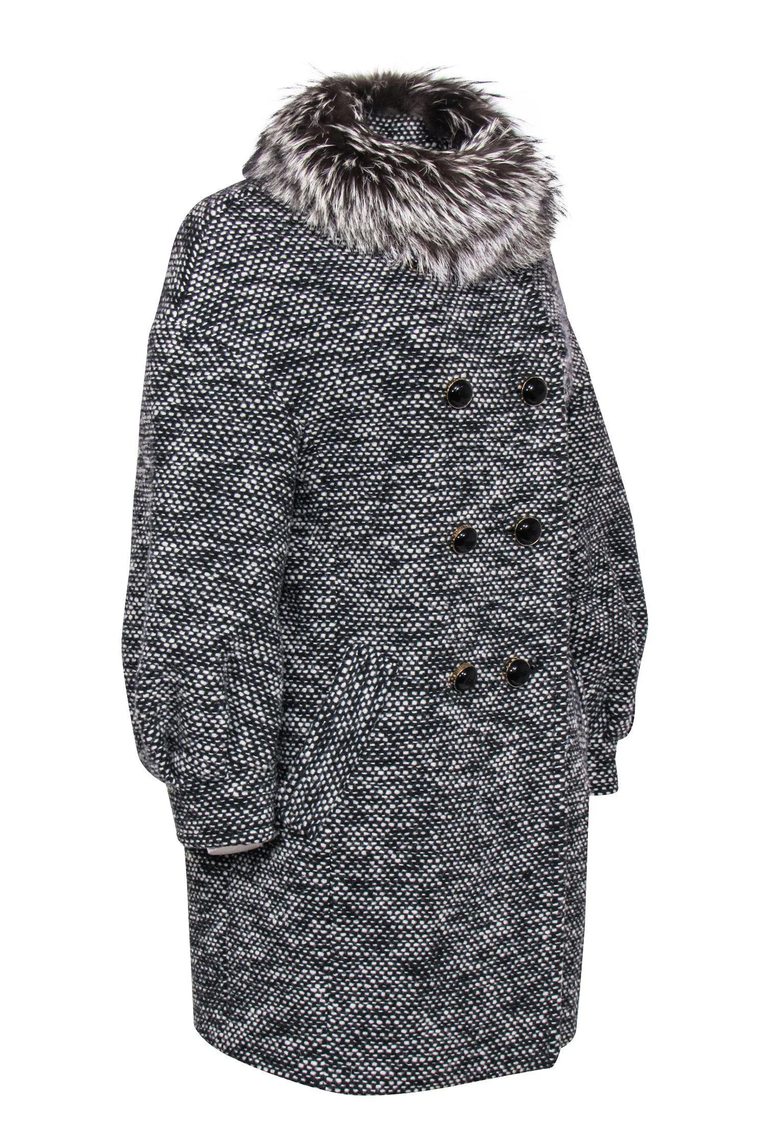 Coach - Black & White Knit Puff Sleeve Longline Coat w/ Fox Fur Collar Sz S