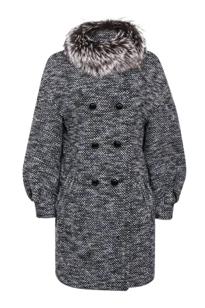 Coach - Black & White Knit Puff Sleeve Longline Coat w/ Fox Fur Collar Sz S