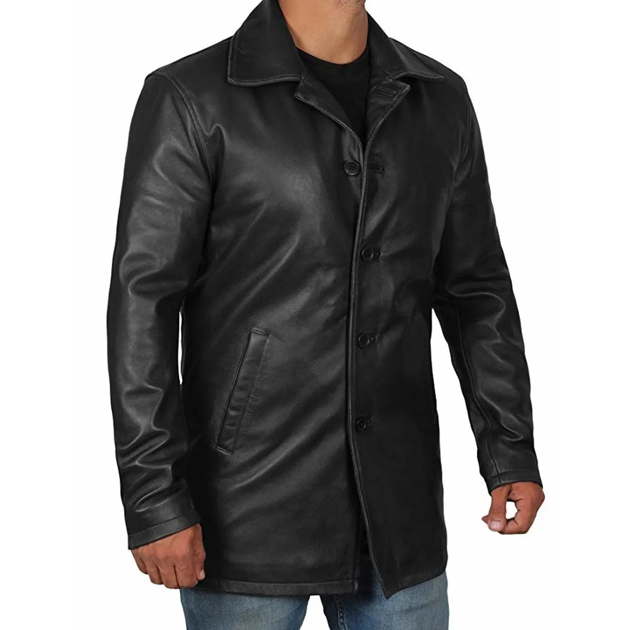 Coat Style Black Leather Jacket for Men