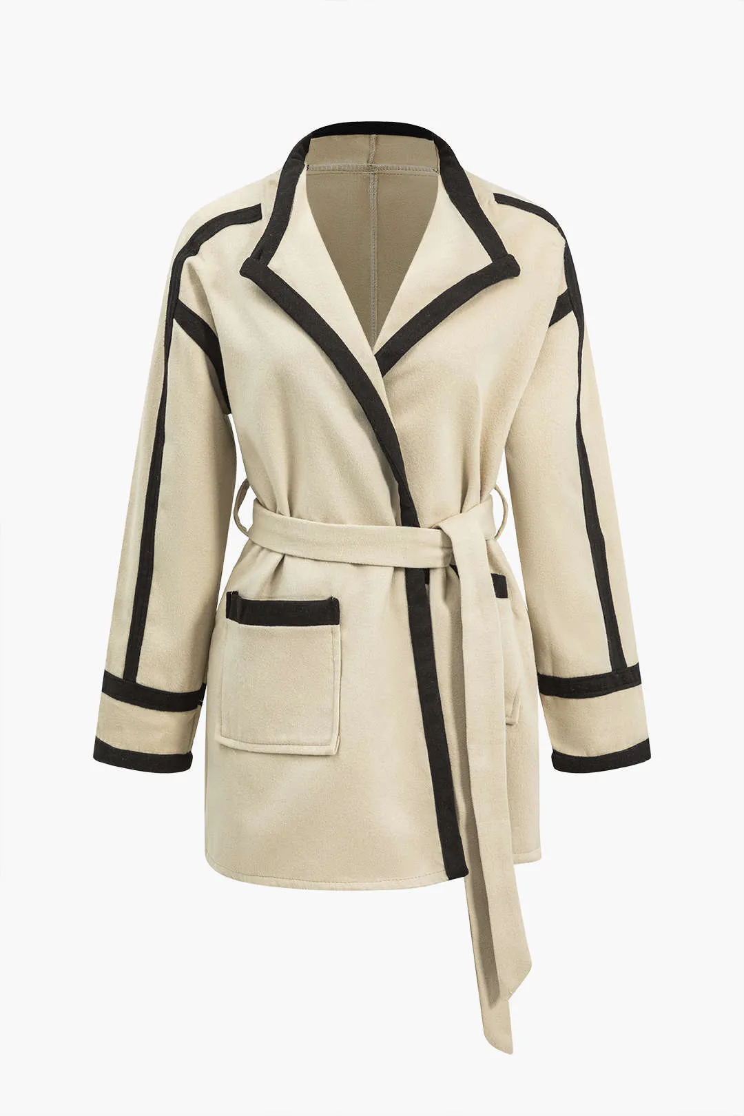 Contrast Trim Belted Wrap Coat