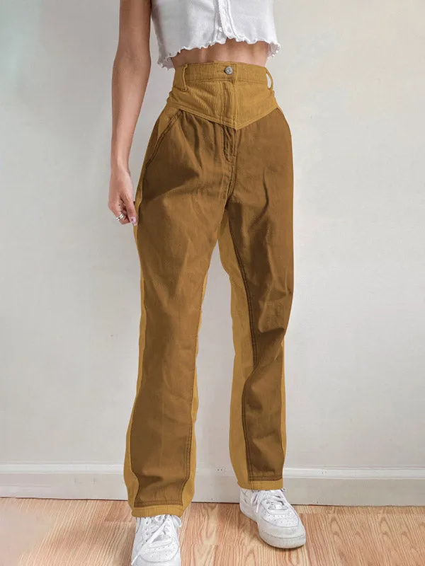 Corduroy Patchwork High Waist Straight Pants