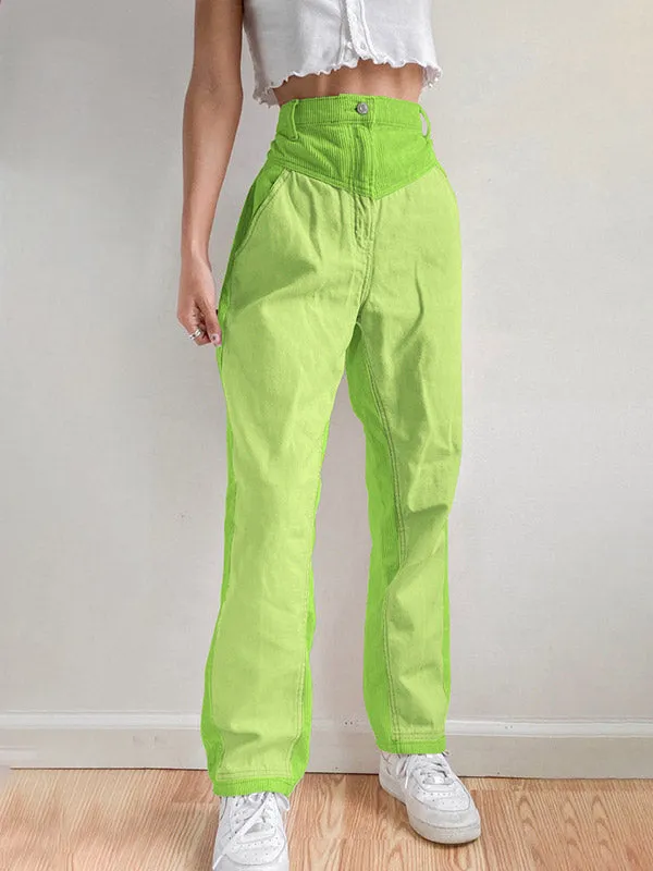 Corduroy Patchwork High Waist Straight Pants