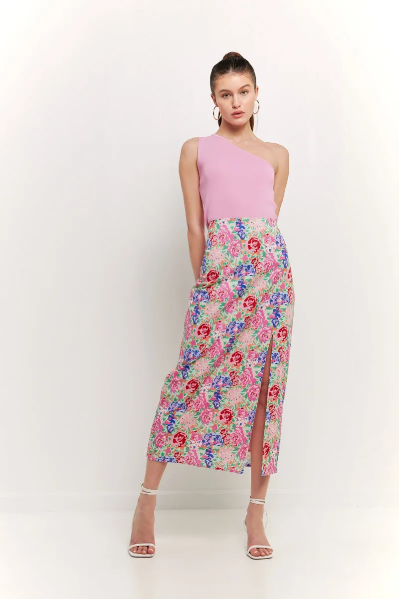 Cotton Floral Print Slit Maxi Skirt