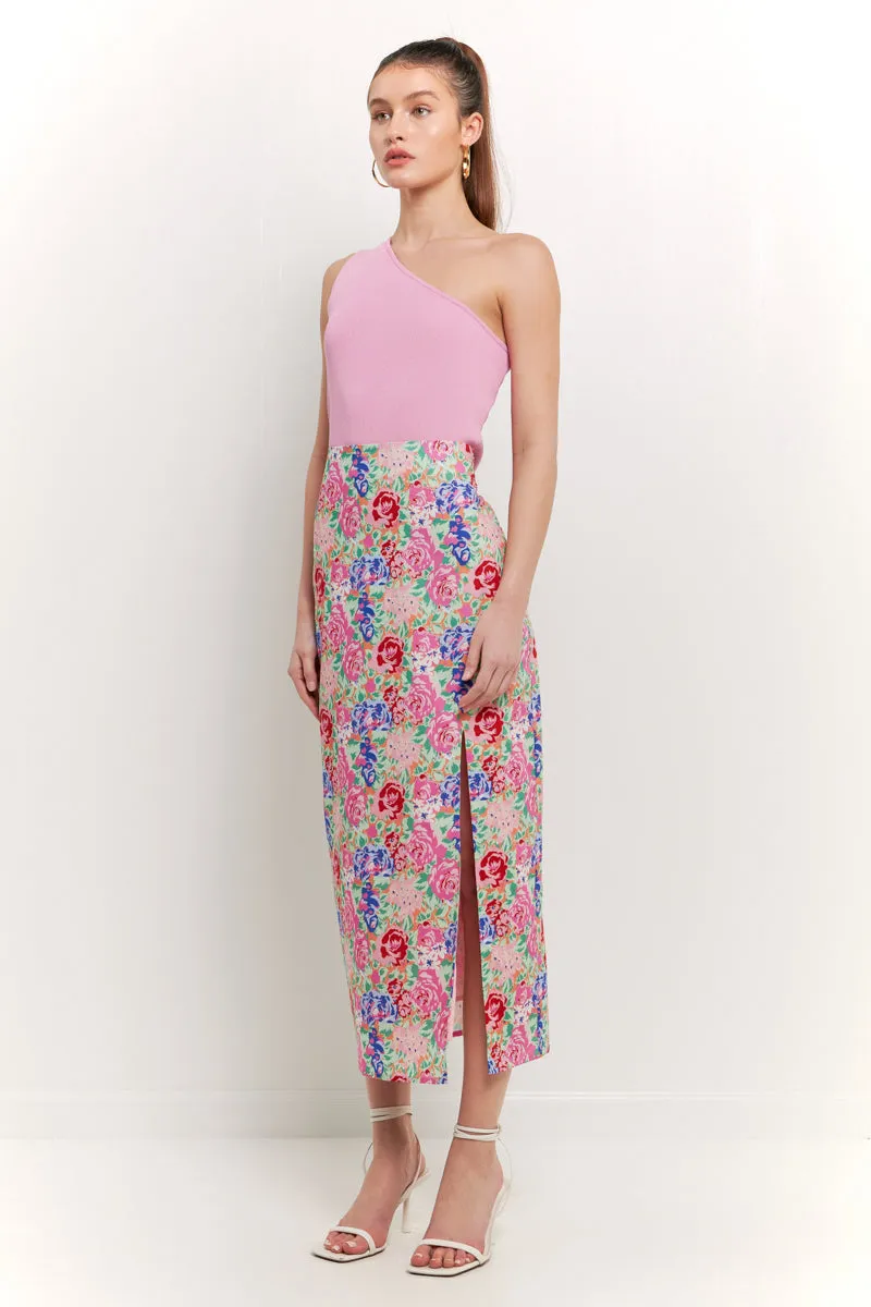 Cotton Floral Print Slit Maxi Skirt