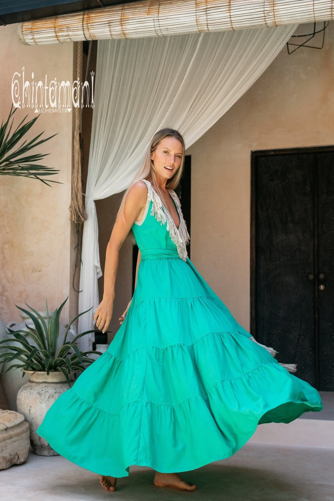 Cotton Maxi Tiered Dress with Fringes / Green