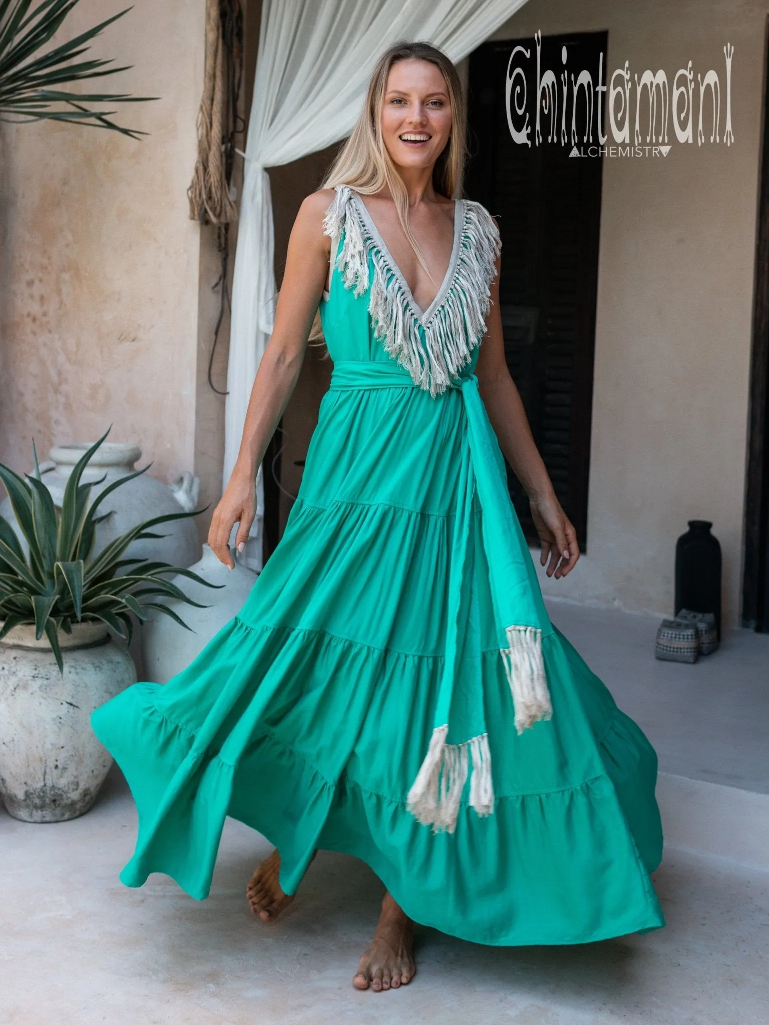 Cotton Maxi Tiered Dress with Fringes / Green