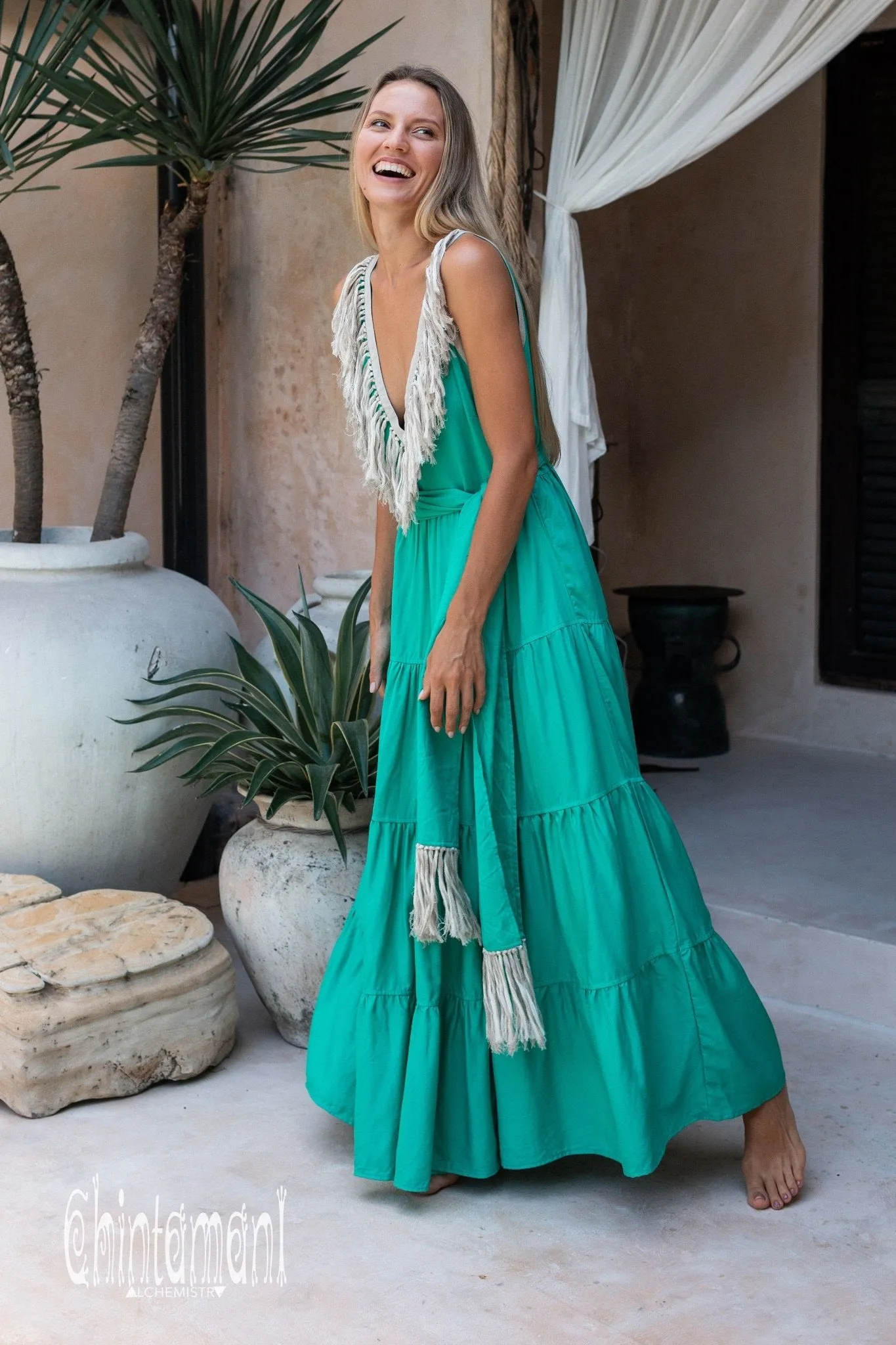 Cotton Maxi Tiered Dress with Fringes / Green