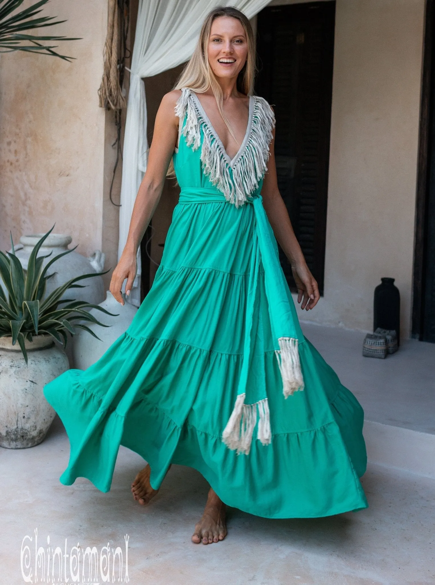 Cotton Maxi Tiered Dress with Fringes / Green