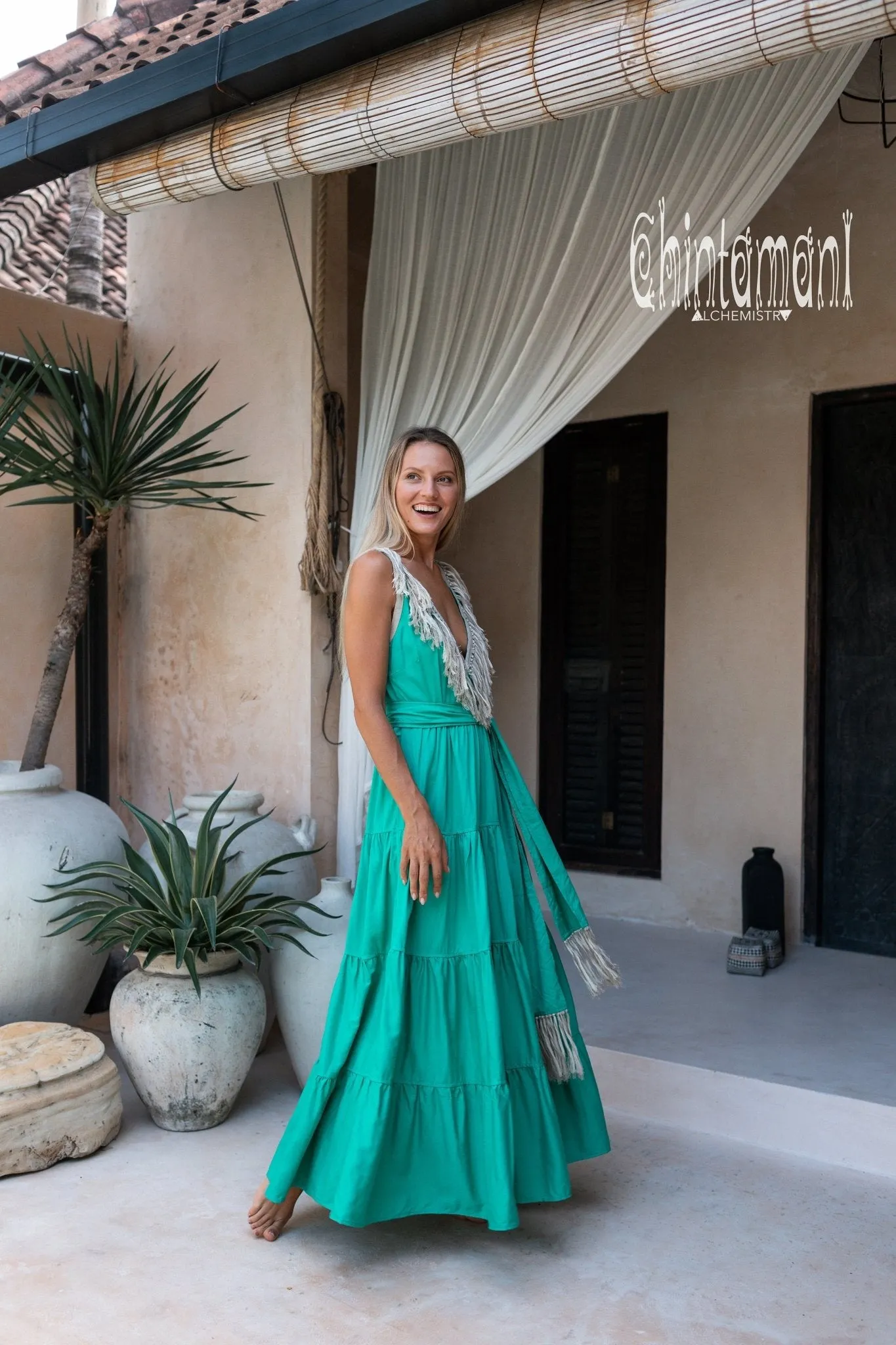 Cotton Maxi Tiered Dress with Fringes / Green