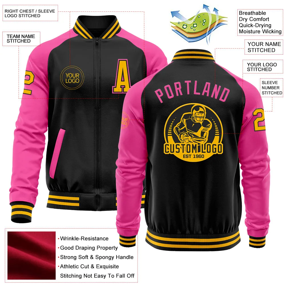 Custom Black Gold-Pink Bomber Varsity Letterman Two Tone Zipper Jacket