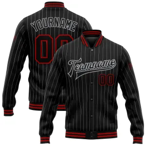 Custom Black Gray Pinstripe Red Bomber Full-Snap Varsity Letterman Jacket