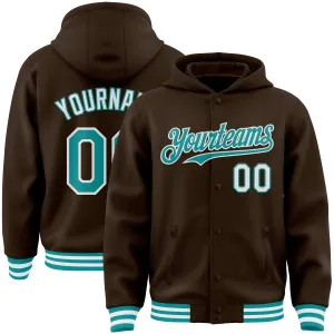 Custom Brown Teal-White Bomber Full-Snap Varsity Letterman Hoodie Jacket