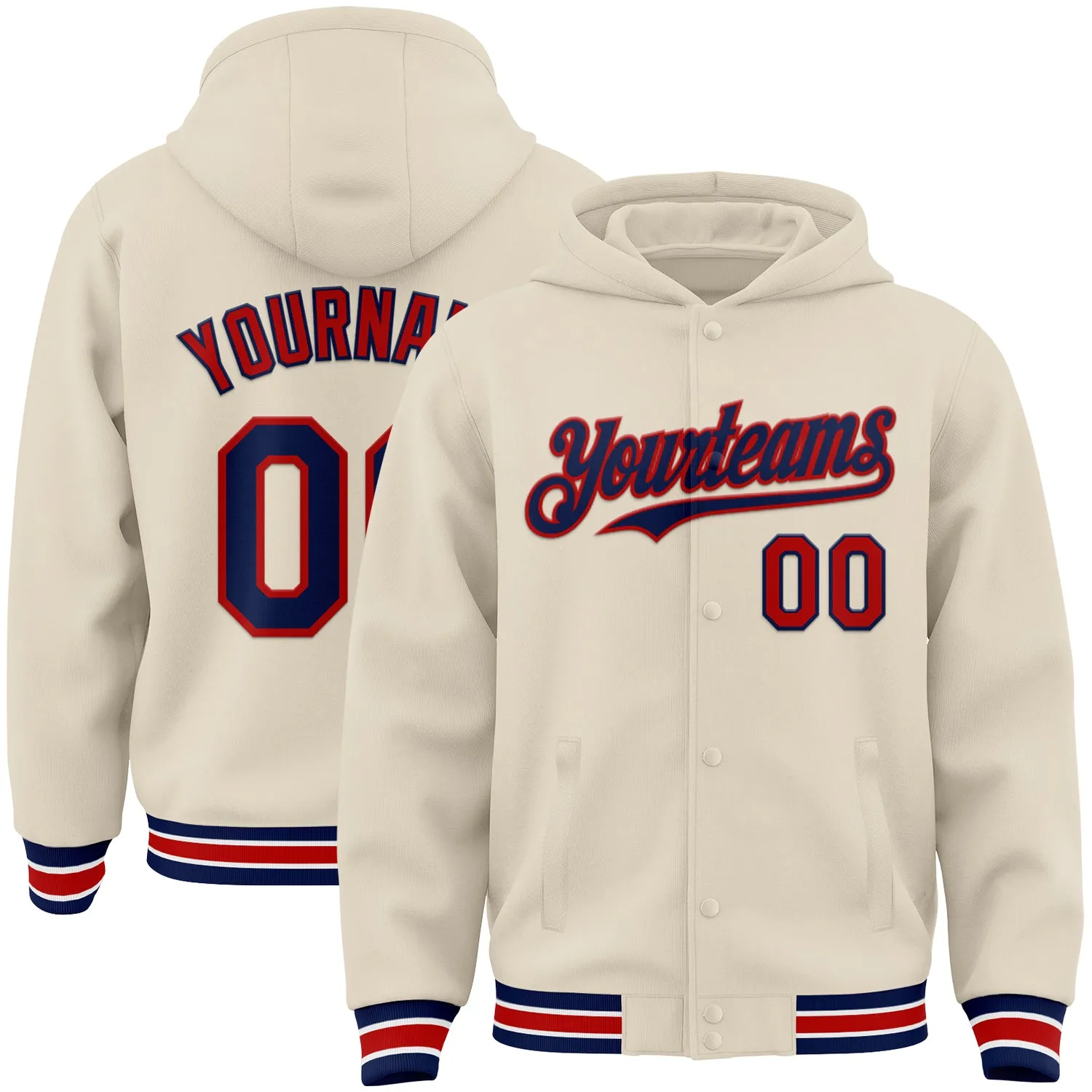 Custom Cream Navy Red-White Bomber Full-Snap Varsity Letterman Hoodie Jacket