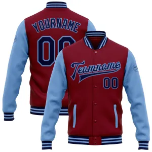 Custom Crimson Navy-Light Blue Bomber Full-Snap Varsity Letterman Two Tone Jacket