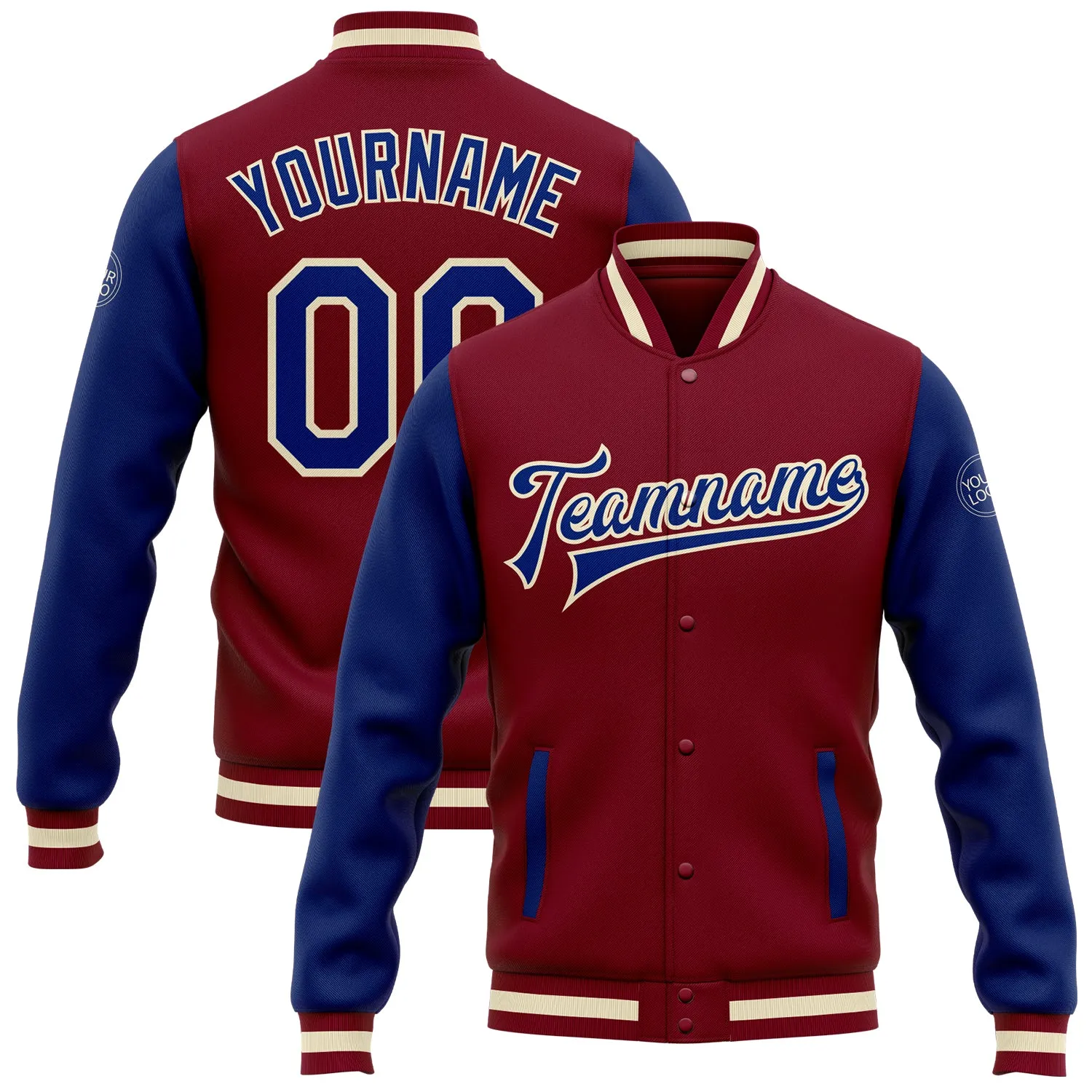 Custom Crimson Royal-White Bomber Full-Snap Varsity Letterman Two Tone Jacket