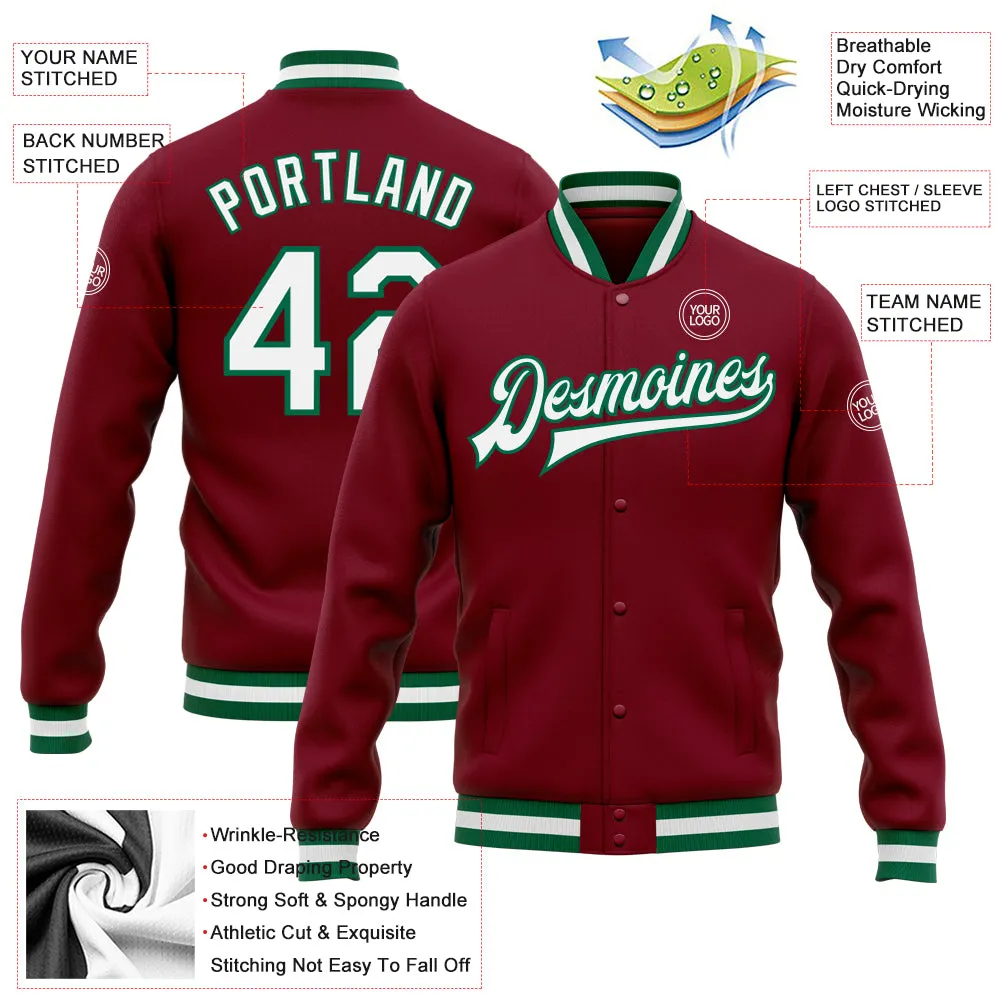 Custom Crimson White-Kelly Green Bomber Full-Snap Varsity Letterman Jacket