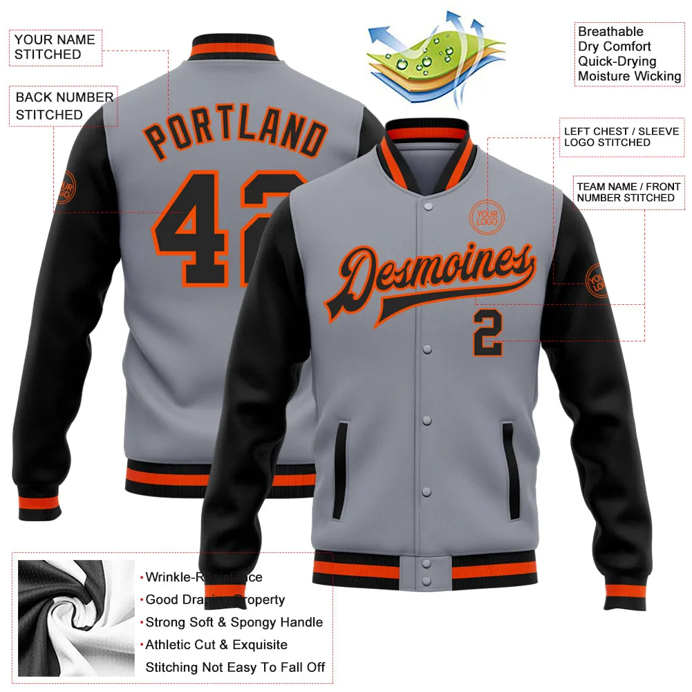 Custom Gray Black-Orange Bomber Full-Snap Varsity Letterman Two Tone Jacket