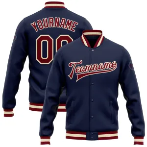 Custom Navy Maroon-Cream Bomber Full-Snap Varsity Letterman Jacket