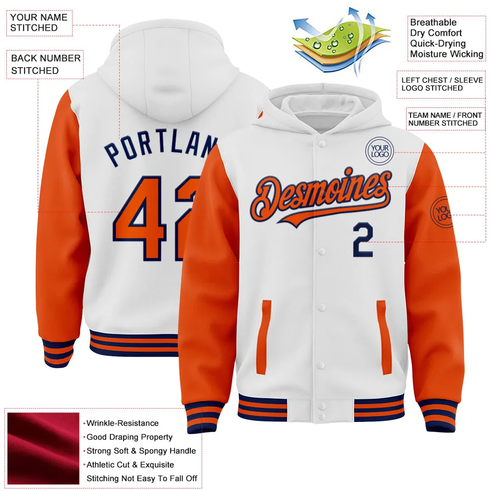 Custom White Orange-Navy Bomber Full-Snap Varsity Letterman Two Tone Hoodie Jacket