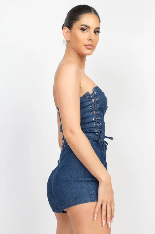 Dark Denim Lace-up Detailed Tube Top Romper