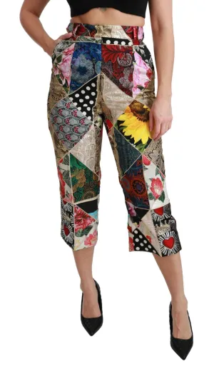 Dolce & Gabbana Silk Multicolor Print High Waist Cropped Pants