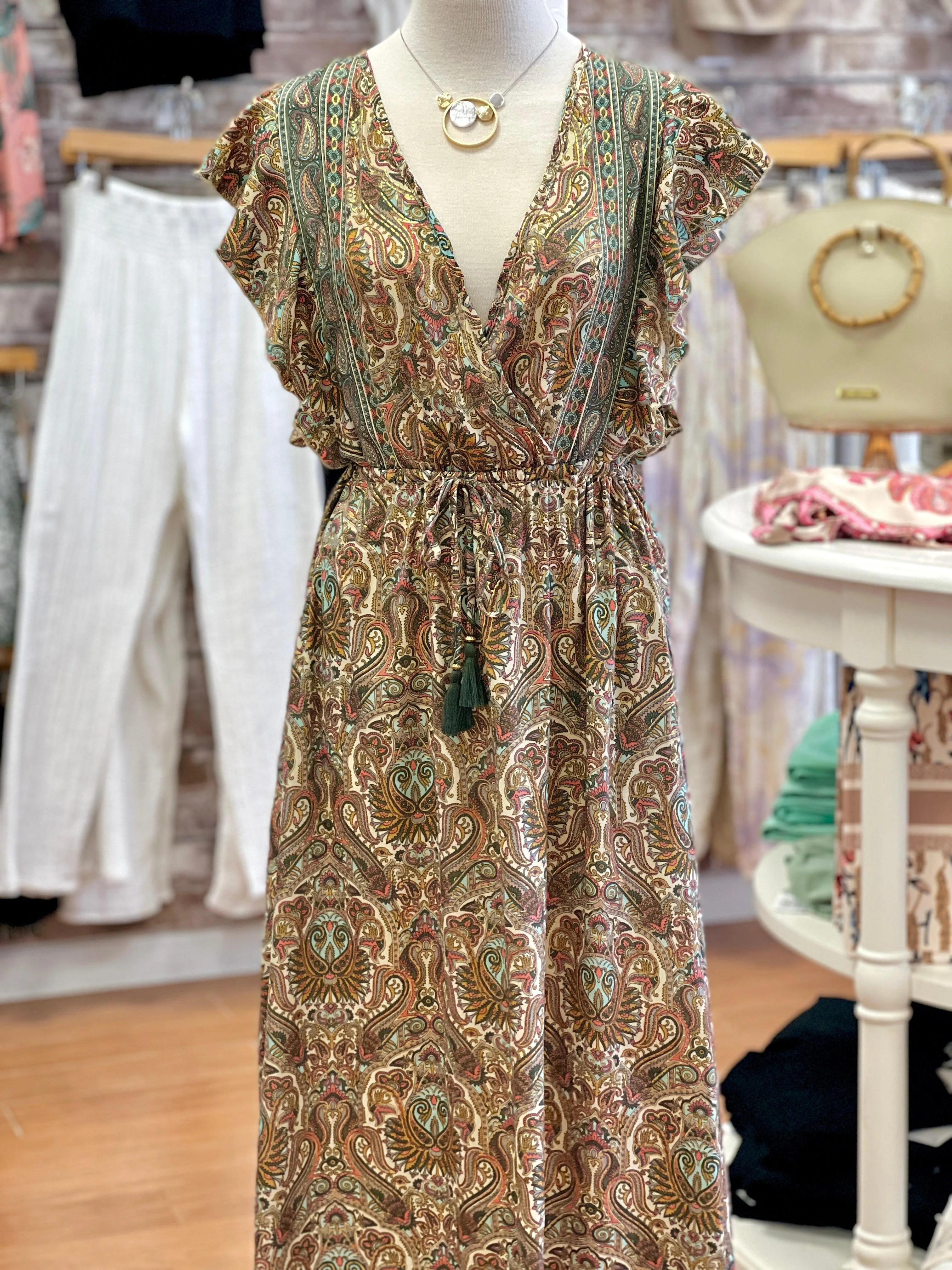 Elegant Paisley Gold Ruffle Maxi